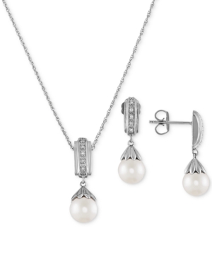 image of 2-Pc. Set Cultured Freshwater Pearl (7 & 8mm) & Diamond (1/20 ct. t.w.) 18