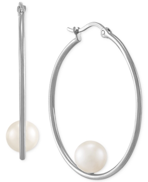 image of Cultured Freshwater Pearl (7mm) Hoop Earrings in Sterling Silver