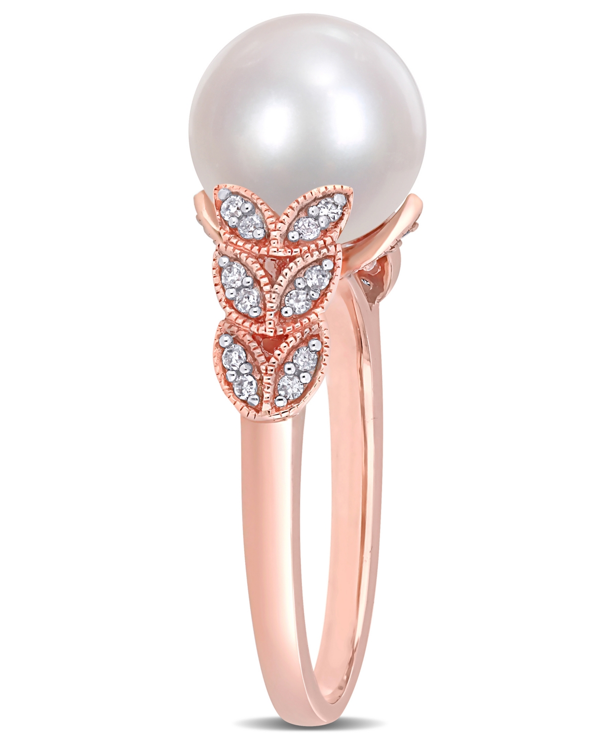 Freshwater Cultured Pearl (9.5-10mm) and Diamond (1/6 ct. t.w.) Leaf Ring in 10kGold - Rose