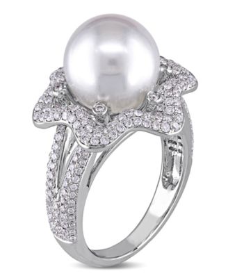 South Sea Cultured Pearl (10-10.5mm) and Diamond (1 ct. t.w.) Floral Halo Cocktail Ring in 14k White Gold