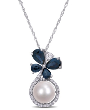 image of Freshwater Cultured Pearl (7.5-8mm), Sapphire (1 3/5 ct. t.w.) and Diamond (1/8 ct. t.w.) Butterfly 17