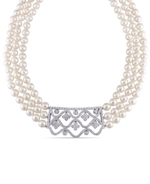 image of Akoya Cultured Pearl (6.5-7mm) and Diamond (1 3/8 ct. t.w.) 3-Strand 18