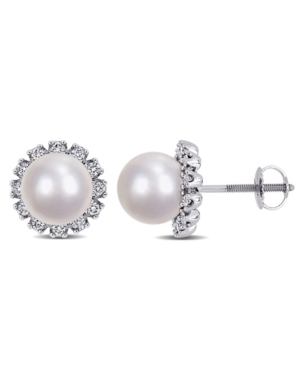 image of Akoya Cultured Pearl (8-8.5mm) and Diamond (3/8 ct. t.w.) Flower Stud Earrings in 14k White Gold