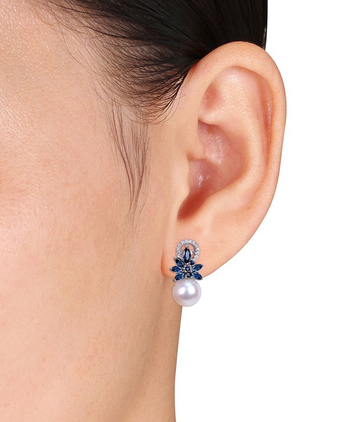 Macy's - Freshwater Cultured Pearl (9-9.5mm), Sapphire (1 5/8 ct. t.w.) and Diamond (1/8 ct. t.w.) Floral Earrings in 14k White Gold