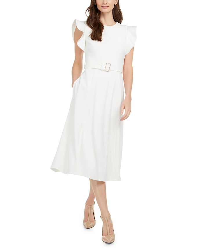 Calvin Klein Ruffle-Shoulder Fit & Flare Midi Dress - Macy's