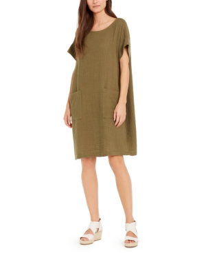 Eileen Fisher Plus Size Organic Cotton Short-sleeve Gauze Dress In Olive