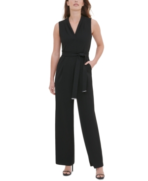 Calvin Klein V-neck Tie-belt Sleeveless Jumpsuit In Black