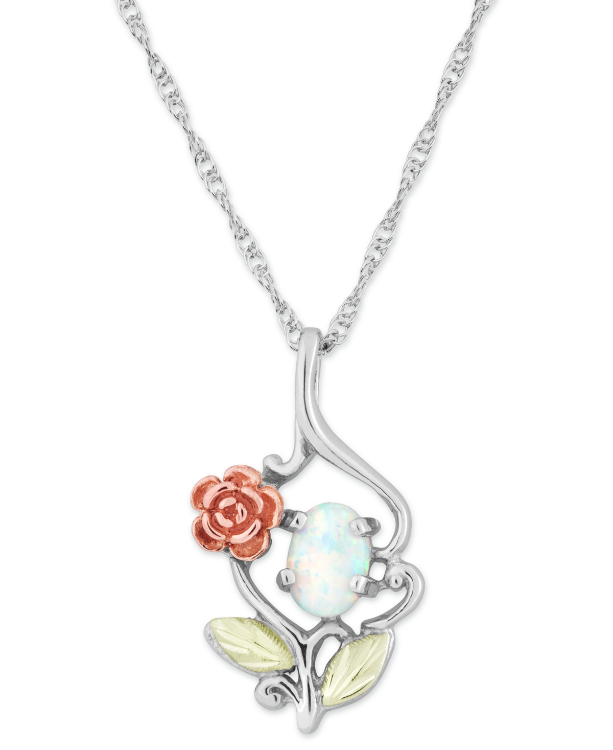 White Opal (7x5mm) Rose Pendant 18" Necklace in Sterling Silver with 12k Rose and Green Gold - Ss