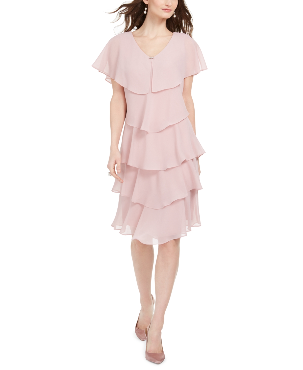 Shop Sl Fashions Tiered Rhinestone Capelet Dress In Faded Rose