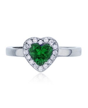 image of Green Heart Cubic Zirconia Halo Ring in Rhodium Plated Sterling Silver