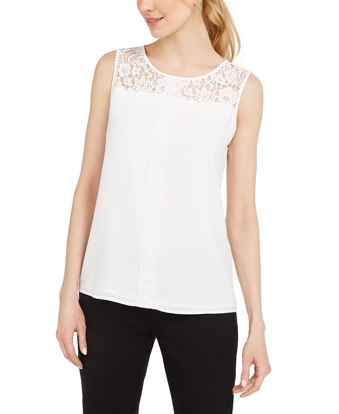 Karl Lagerfeld Paris Sleeveless Lace-Trimmed Blouse - Macy's