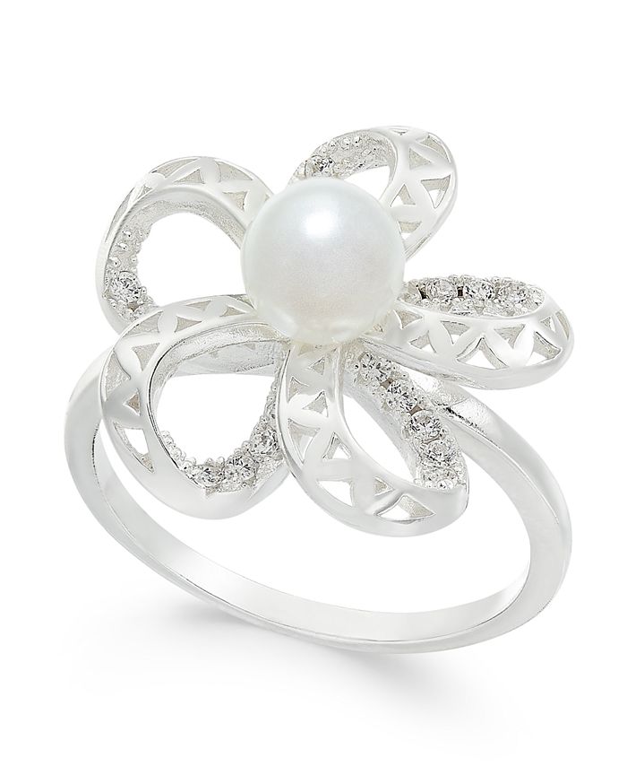 Charter Club Silver-Tone Pavé & Imitation Pearl Flower Ring, Created ...