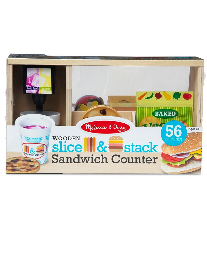 Melissa and Doug - Wooden Slice Stack Sandwich Counter with Deli Slicer – 56-Piece Pretend Play Food Pieces