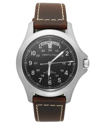 Hamilton Watch, Men's Swiss Automatic Khaki King Brown Leather Strap ...