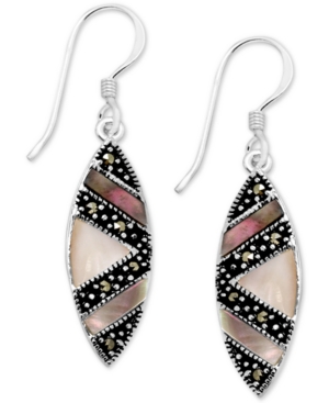 image of Genuine Swarovski Marcasite & Shell Marquise Drop Earrings in Fine Silver-Plate