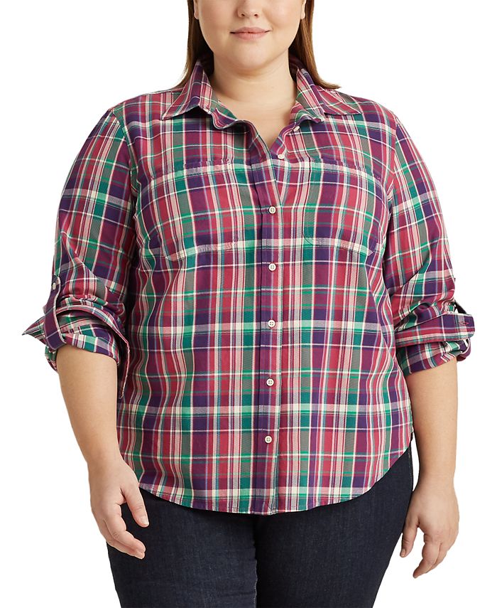 Lauren Ralph Lauren Plus-Size Plaid Cotton Twill Shirt & Reviews - Tops -  Plus Sizes - Macy's