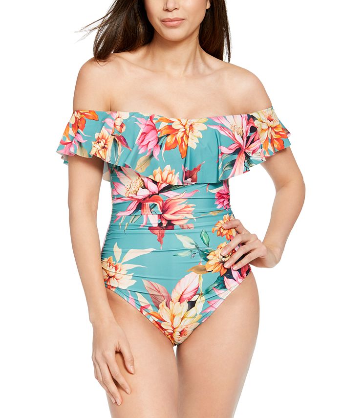 La Blanca Garden Social Printed Off The Shoulder One Piece