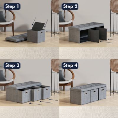 40" Linen Collapsible Tufted Linen Long Bench Storage Ottoman with 3 Drawers