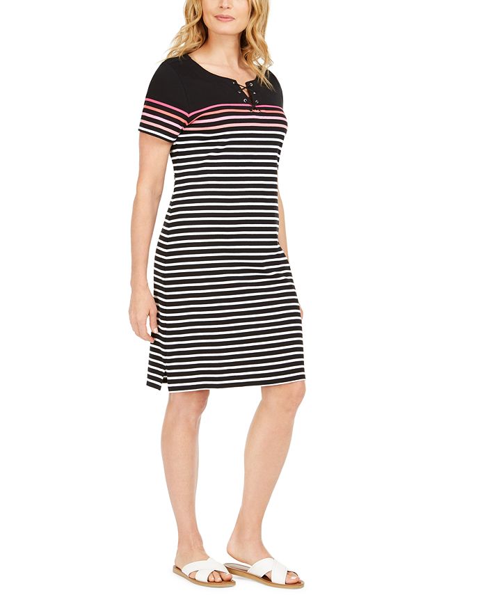 Karen Scott Mirage Cotton Striped LaceUp Dress, Created for Macy's