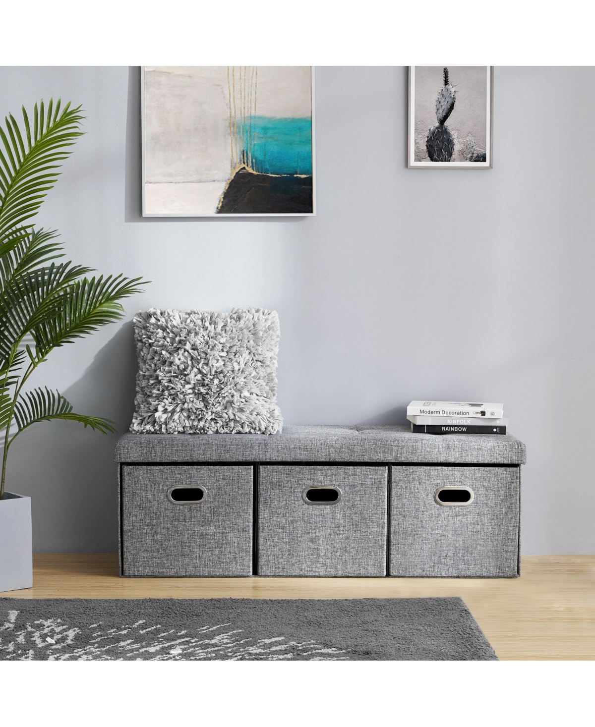 Ornavo Home Collapsible Tufted Linen Long Bench Storage Ottoman with 3 Drawers