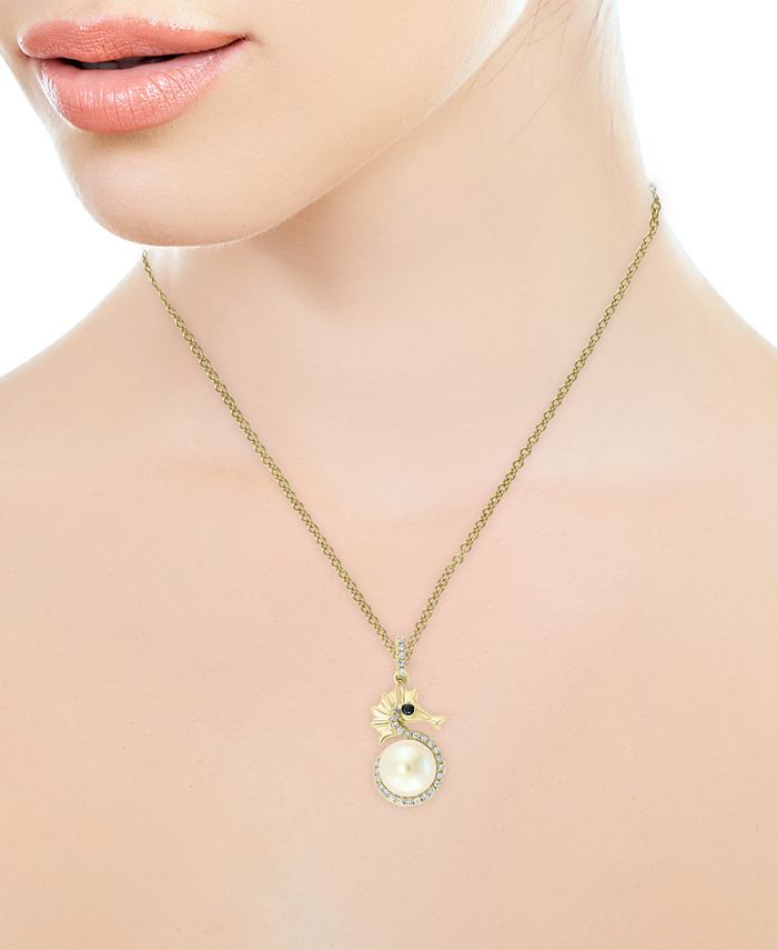 EFFY Collection - Cultured Freshwater Pearl (8mm) & Diamond (1/6 ct. t.w.) Seahorse 18" Pendant Necklace in 14k Gold