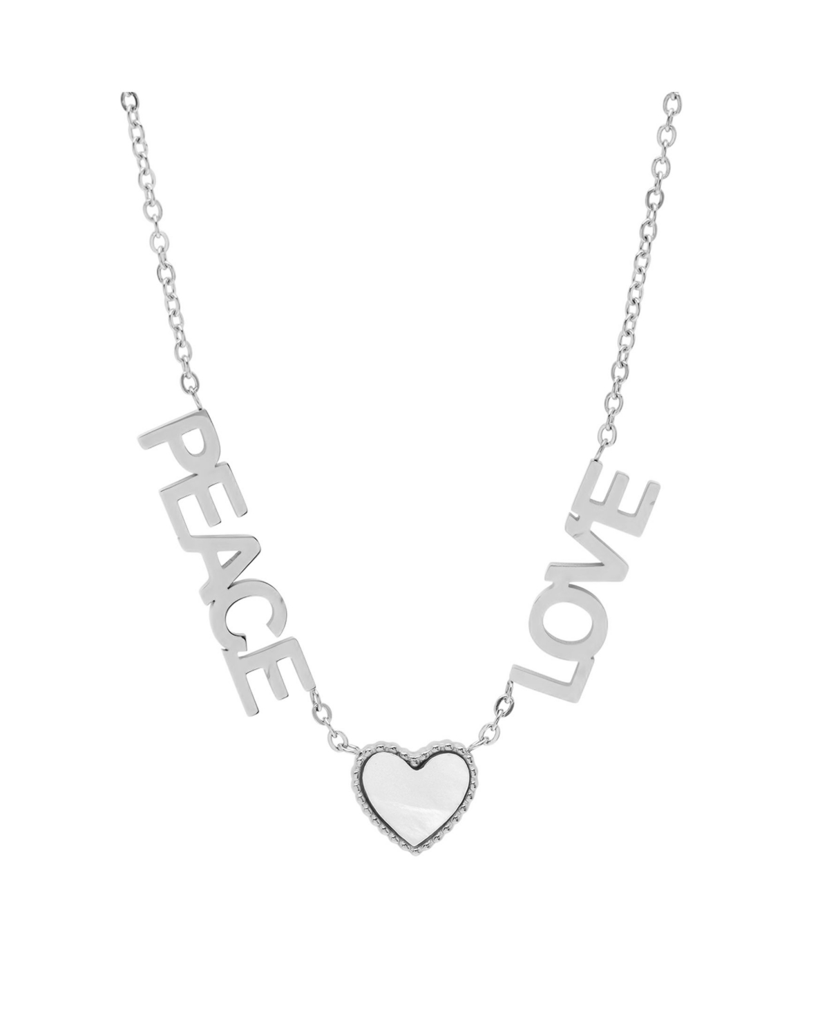 Stainless Steel Peace Love Drop Necklace with Heart Charm - Silver-Plated