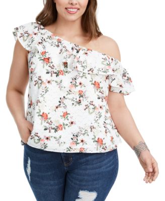 INC International Concepts - Plus Size Cotton Ruffled One-Shoulder Top