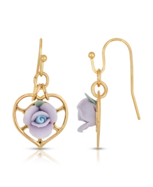 image of 2028 14K Gold-Dipped Heart and Porcelain Rose Earrings
