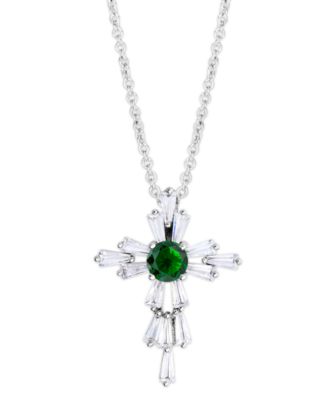 Macy's - Simulated Emerald Cross Pendant In Fine Silver Plate