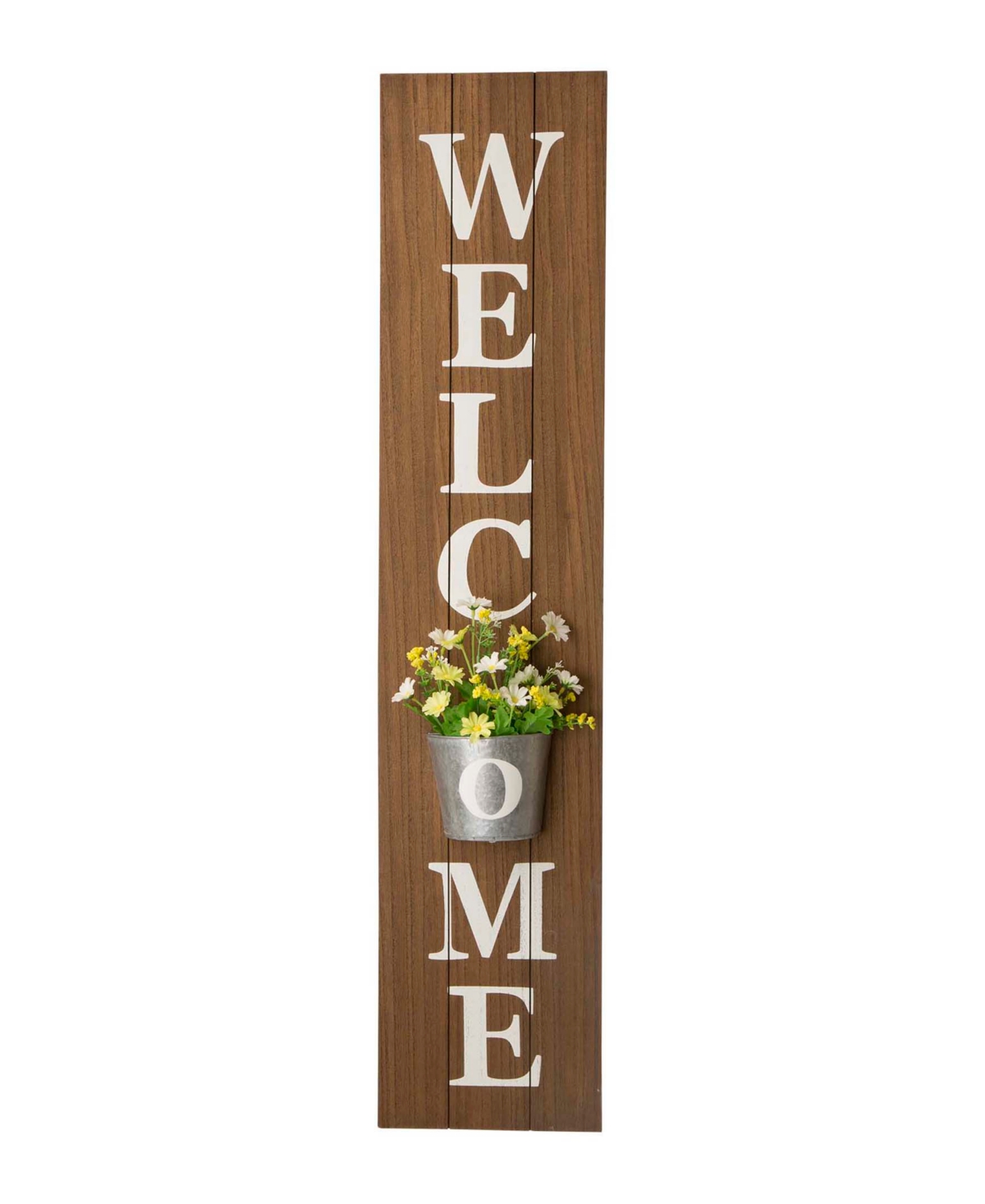 Glitzhome 42"h Wooden White Welcome Porch Sign With Metal Planter In Brown