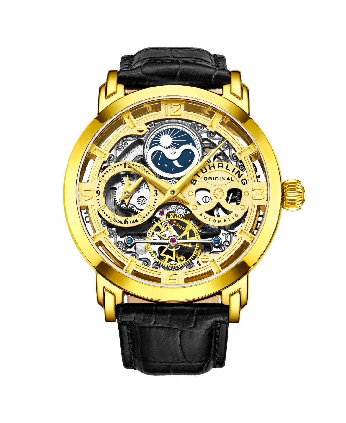 Мужские часы Stuhrling Anatol 3924 Automatic Skeleton Dual-Time, 47mm, цвет: Золотой / Чёрный — фото 1