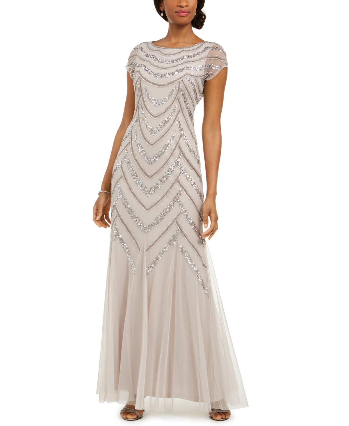 1930s Style Wedding Dresses | Art Deco Wedding Dress Adrianna Papell Embellished Godet-Inset Gown - Marble Taupe $249.00 AT vintagedancer.com