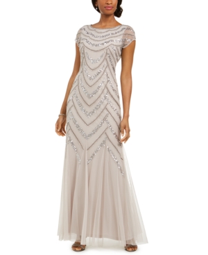 Adrianna Papell Embellished Godet-inset Gown In Marble Taupe