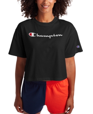 Shop Champion Women's Script Logo Relaxed Cropped T-shirt In Black