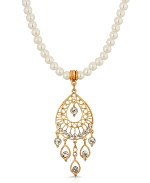 image of 2028 Gold Tone Crystal Filigree Drop Imitation Pearl Necklace