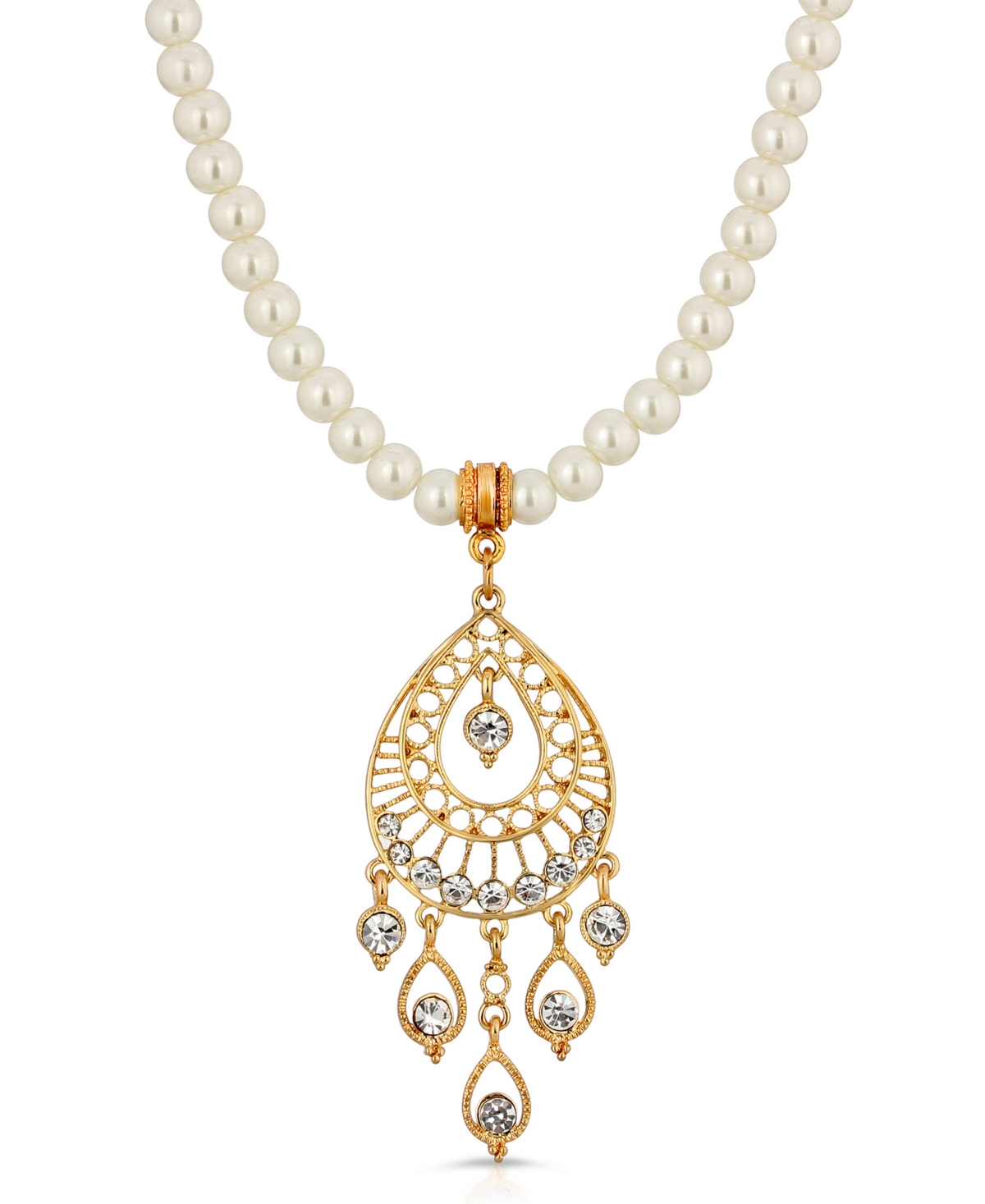 2028 Gold Tone Crystal Filigree Drop Imitation Pearl Necklace In White