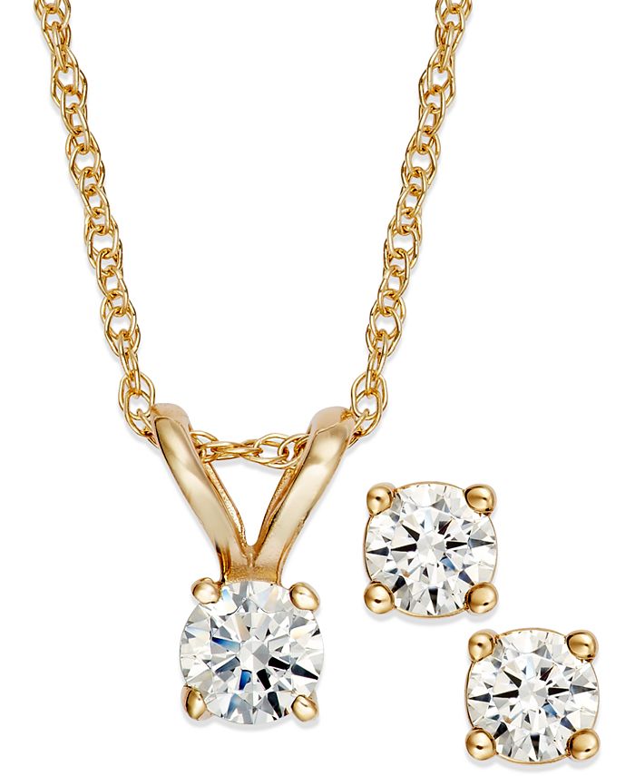 Macy's Round-Cut Diamond Pendant Necklace and Earrings Set in 10k Yellow or White  Gold (1/4 ct. t.w.) - Macy's