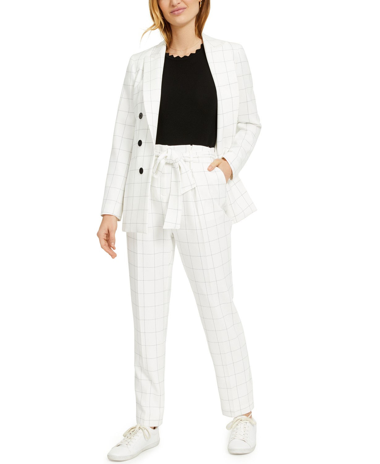 Windowpane Plaid Jacket, Knit Top & Belted Pants, Created for Macy's