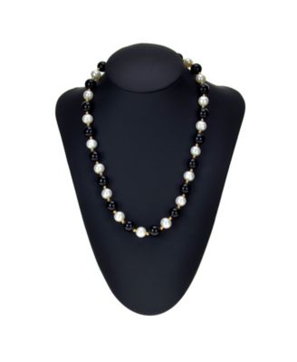 White Freshwater Cultured Pearl (9-9.5mm) with Black Onyx (10mm) and Gold Beads (3mm) 18" Necklace in 14k Yellow Gold