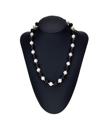 Macy's - White Freshwater Cultured Pearl (9-9.5mm) with Black Onyx (10mm) and Gold Beads (3mm) 18" Necklace in 14k Yellow Gold