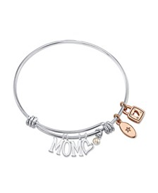 "MOM" Adjustable Bangle Bracelet in Stainless Steel with Silver Plated Charms