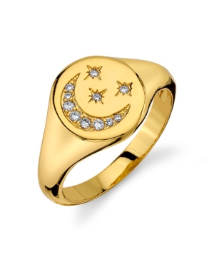 image of Unwritten Silver Plated Cubic Zirconia Gold Moon and Stars Signet Ring
