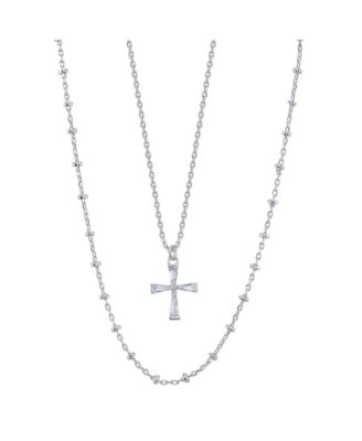 Unwritten - Fine Silver Plated Clear Cubic Zirconia Cross Duo Necklace with Beaded Second Chain