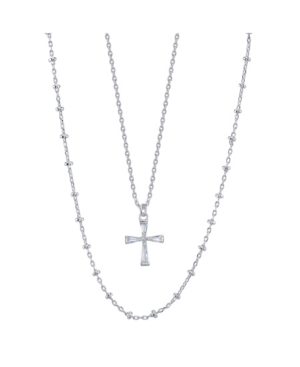 image of Unwritten Fine Silver Plated Clear Cubic Zirconia Cross Duo Necklace with Beaded Second Chain
