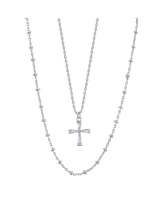 Unwritten - Fine Silver Plated Clear Cubic Zirconia Cross Duo Necklace with Beaded Second Chain