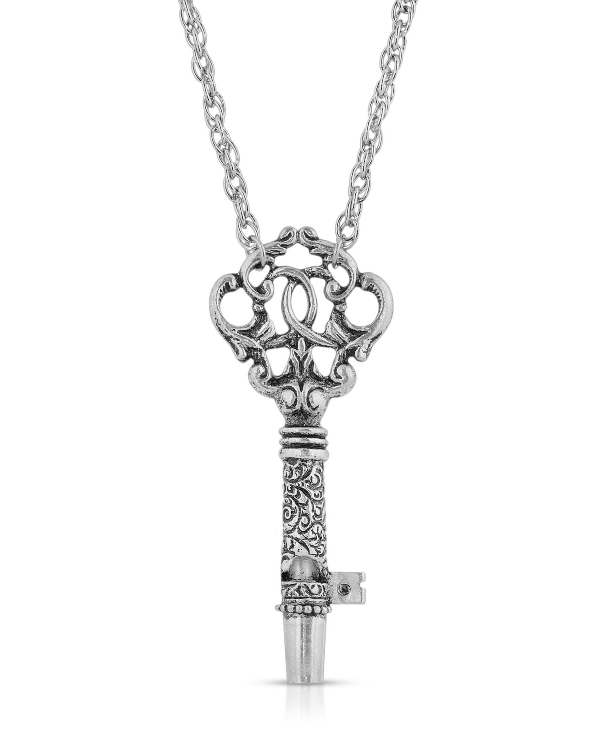 2028 Antique-like Pewter Key Whistle Pendant Necklace In Silver