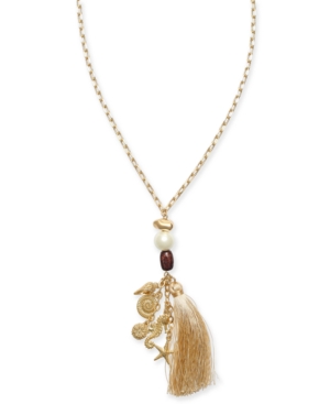 image of Inc Gold-Tone Imitation Pearl, Wood, Multi-Shell & Tassel Pendant Necklace, 32