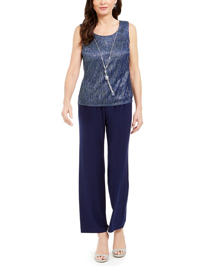 R & M Richards Women's Metallic Pantsuit Shell & Necklace Set Blue Size 6Petite