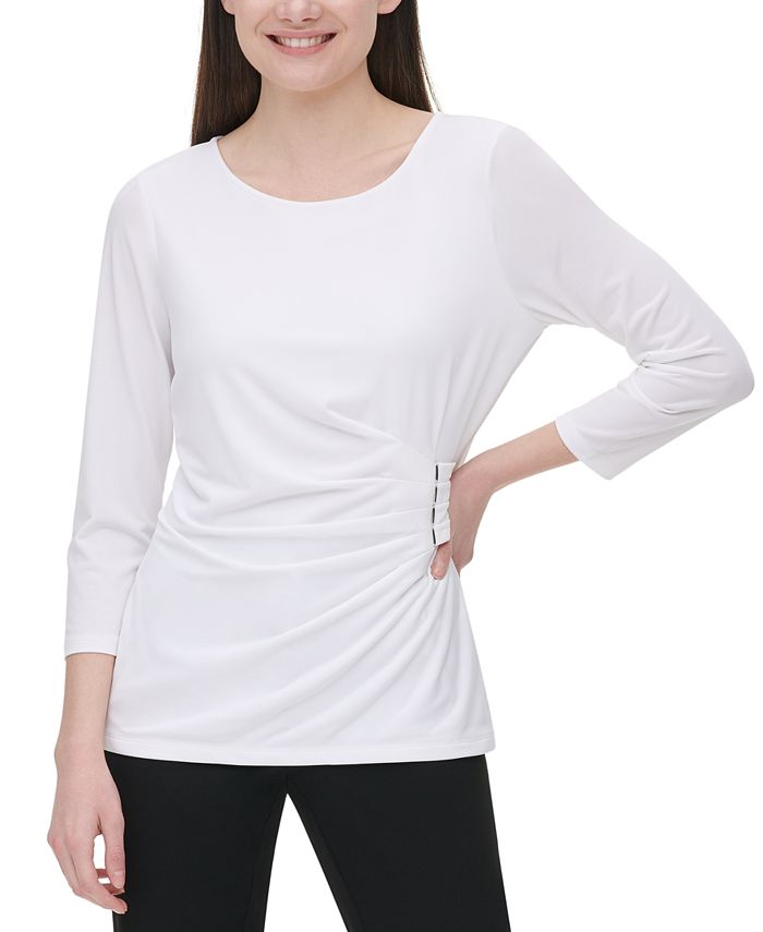 Calvin Klein Ruched 3/4-Sleeve Top & Reviews - Tops - Women - Macy's