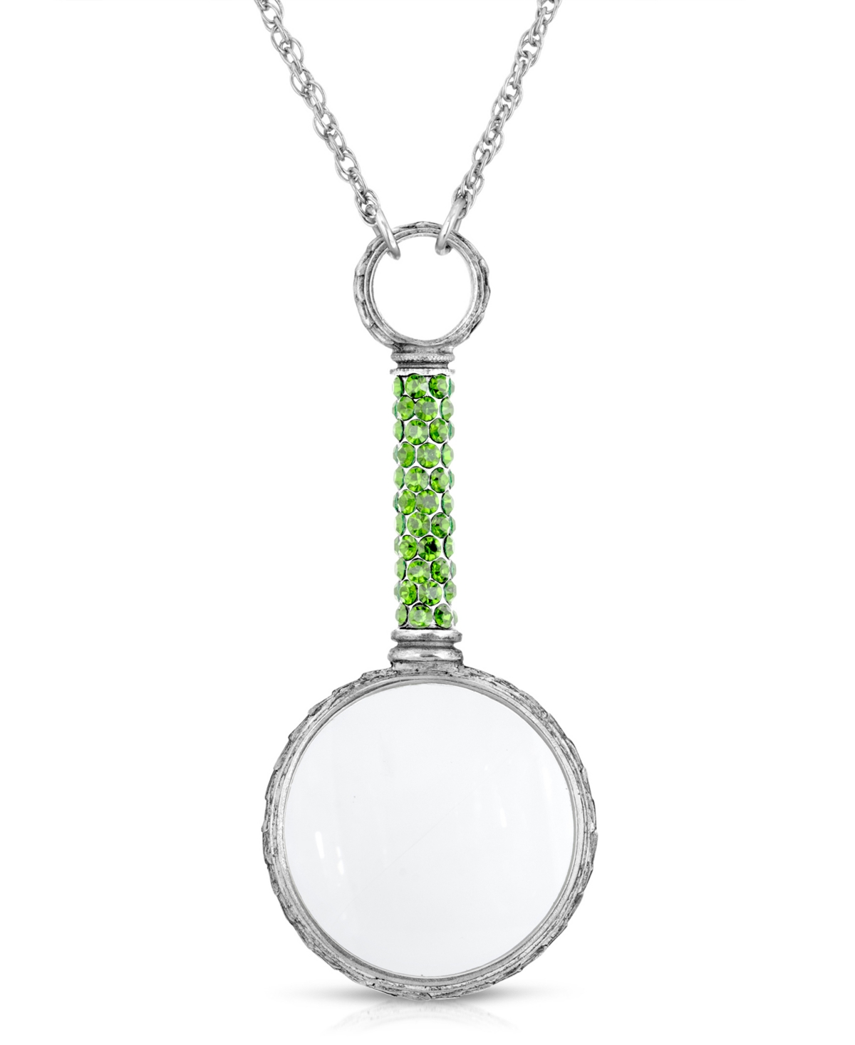 2028 Pewter Crystal Magnifying Glass 30" Necklace In Green